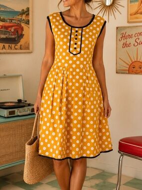 NWT Tulip B Yellow Polka Dot Fit Flare Midi Dress Retro Rockabilly Pinup L
